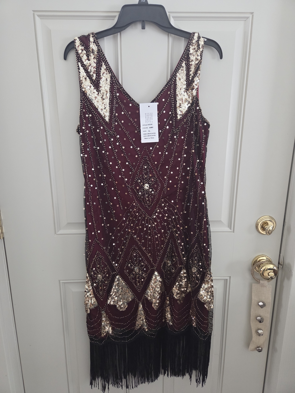 Pretty Guide 1920s Flapper Dress Gold Sequins Beading Red Large Black Fringe Nwt